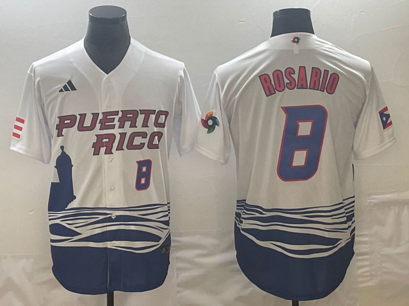 Men 2023 World Cub Puerto Rico 8 Rosario White Nike MLB Jersey7